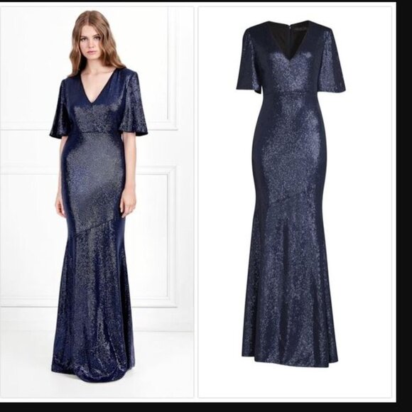 NWT Rachel Zoe Sparkling Navy Blue Sequin Bias Cut Mermaid Long Gown Dress 10 - Picture 3 of 7